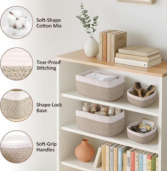 5-Pack Small Woven Rope Storage Baskets – 2 Sizes Organizer Bins - Image 3