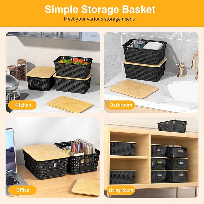 Plastic Storage Baskets with Bamboo Lids and Labels, Stackable Storage - Image 4