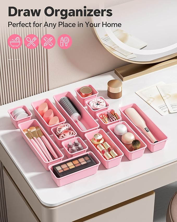 13 Pack Plastic Drawer Organizers Set, 3 Sizes Desk Drawer Organizer Trays - Image 6