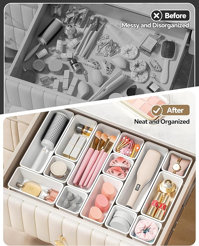 13 Pack Plastic Drawer Organizers Set, 3 Sizes Desk Drawer Organizer Trays - Image 4