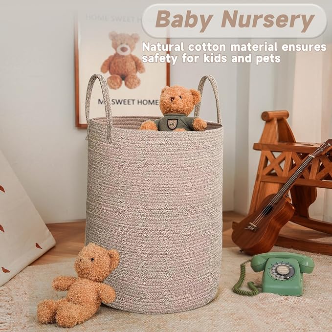 Large Woven Laundry Basket Hamper, 80L Cotton Rope Storage Bin - Image 2
