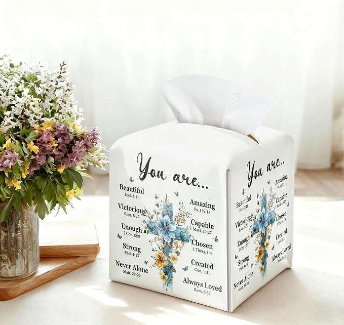 Easter Cross Tissue Box Cover, PU Leather Drawstring Bottom - Image 3