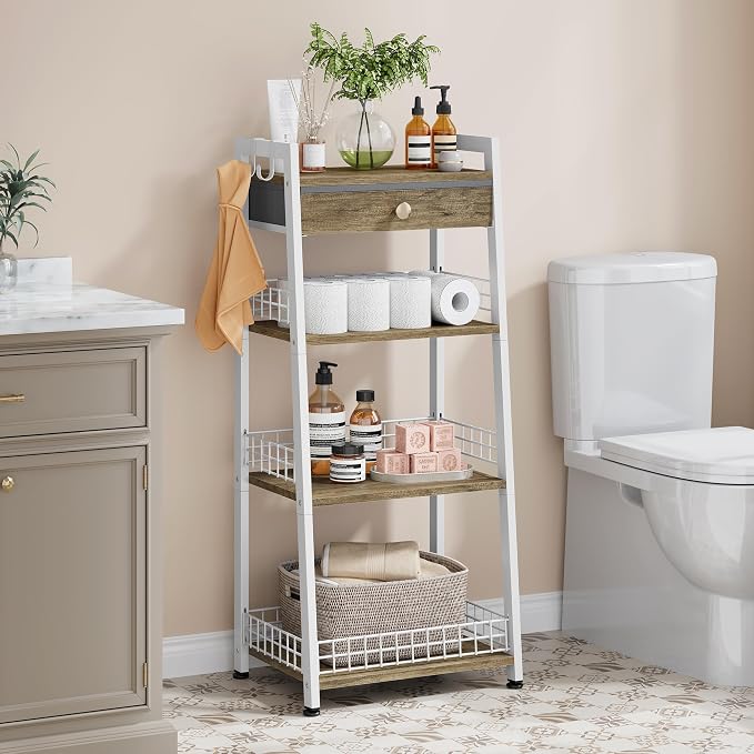4-Tier Ladder Shelf with Drawer, Bathroom Table Stand - Image 2