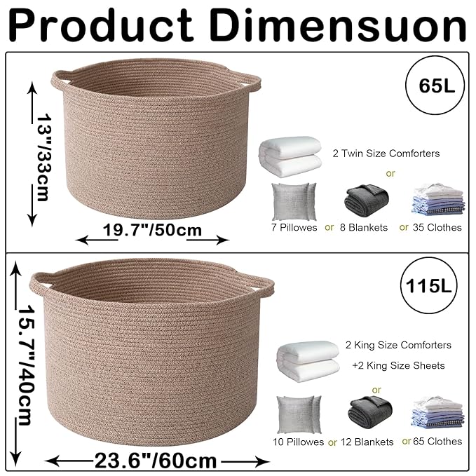 115L Large Blanket Basket, 23.6" L x 23.6" W x 15.7" H Rope Woven Baskets - Image 2