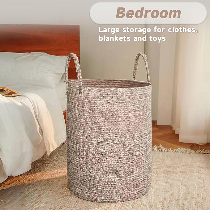 Large Woven Laundry Basket Hamper, 60L Cotton Rope Storage Bin - Image 4
