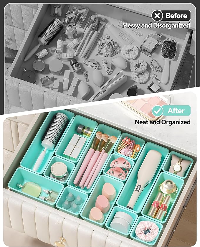 13 Pack Plastic Drawer Organizers Set, 3 Sizes Desk Drawer Organizer Trays - Image 4
