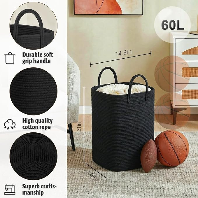 Laundry Basket, Woven Cotton Rope Laundry Hamper, 60L Versatile Storage - Image 2
