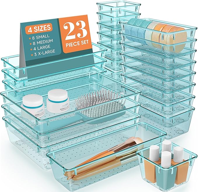 28 PCS Clear Plastic Drawer Organizers Set, 4 Size Desk Drawer Organizer Trays by StorMiracle