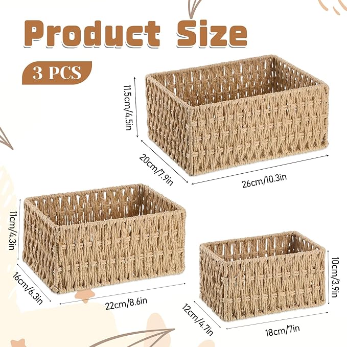 3 Pack Wicker Baskets for Organizing, Toilet Tank Basket for Bathroom, - Image 3
