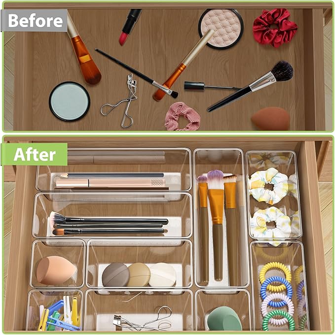 12 Piece Clear Drawer Organizer Set, 3 Sizes Bathroom Vanity Organizer Trays - Image 3