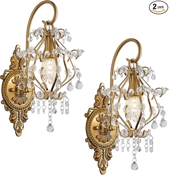 Gold Crystal Vintage Wall Sconces Set of 2 Indoor Hardwired Wall Light Fixture by Fetason