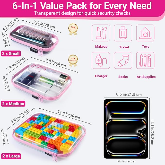 6 Pack Clear Hard Shell Zipper Case, See-Through Hard Plastic Organizer Pouches - Image 4