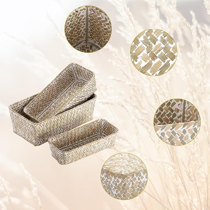 3 Natural Wicker Baskets Set Rectangular Handwoven Seagrass Basket Storage Bins - Image 9