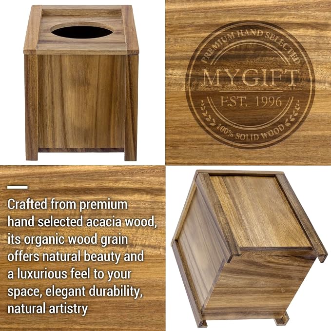 MyGift Premium Acacia Solid Wood Square Tissue Box Holder - Image 2