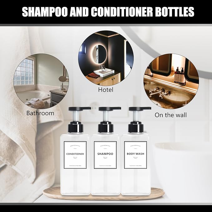 YACAYACE 16.9oz Clear Shampoo and Conditioner Dispenser Set, Refillable Pump - Image 7