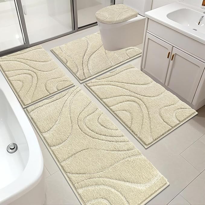 HEBE Bathroom Rugs Sets 5 Piece, Soft Absorbent Microfiber Bath Mat by HEBE