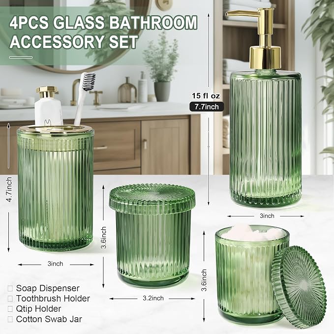 Green Glass Bathroom Accessories 4 Pcs, Soap Dispenser and Toothbrush Holder Set - Image 2