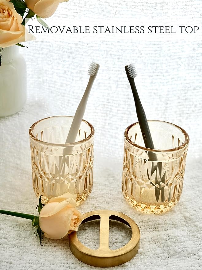 Clear Gold Bathroom Accessorries Set, Lotion Soap Dispenser, Toothbrush Holder - Image 3