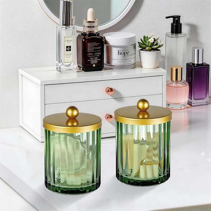Amolliar Sage Green Glass Qtip Holder Dispenser, Bathroom Canister Apothecary - Image 5