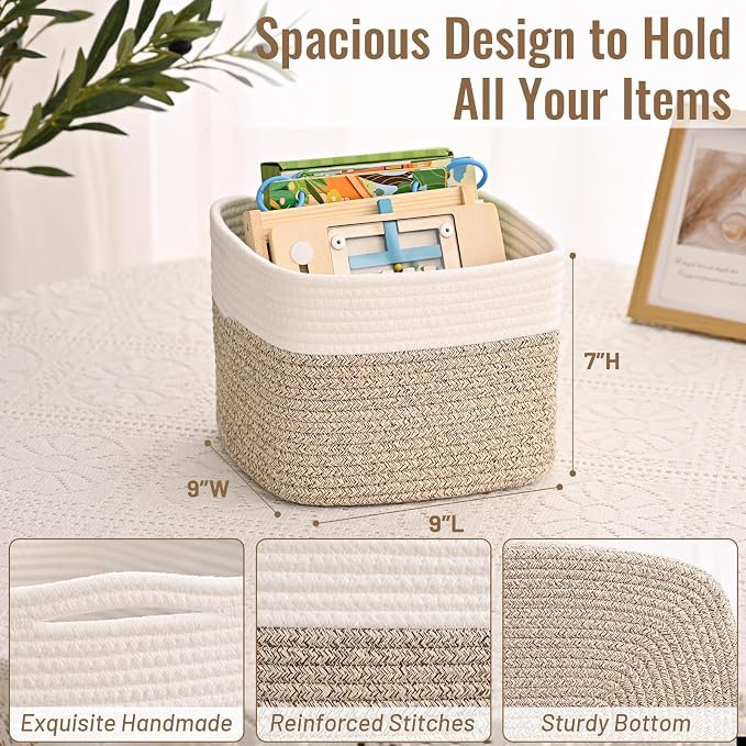3 Pack Cube Storage Bin, 9”x9”x7” Cotton Rope Woven Baskets - Image 4