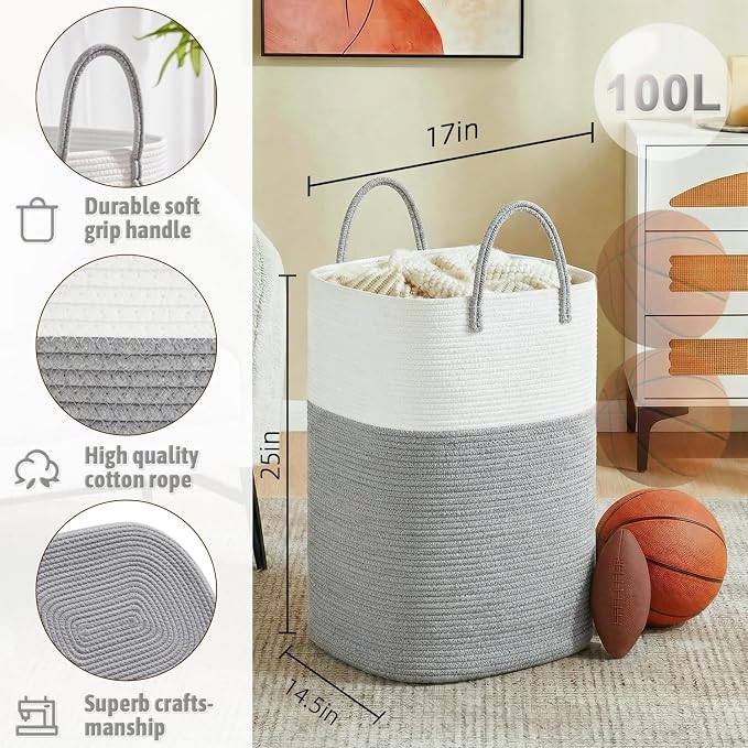 Laundry Basket, Woven Cotton Rope Laundry Hamper, Versatile Storage - Image 2
