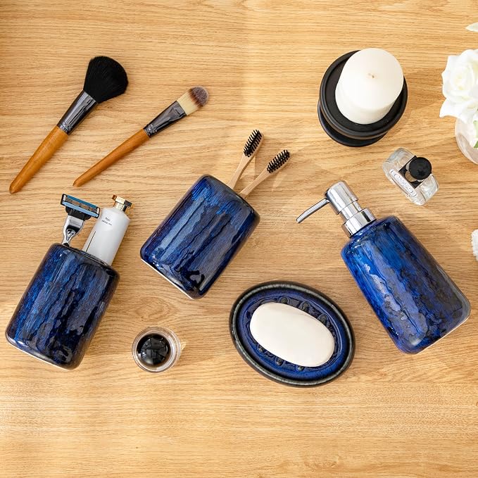 vancasso Blue Bathroom Accessories Set, Ceramic Soap Dispenser and Toothbrush - Image 6