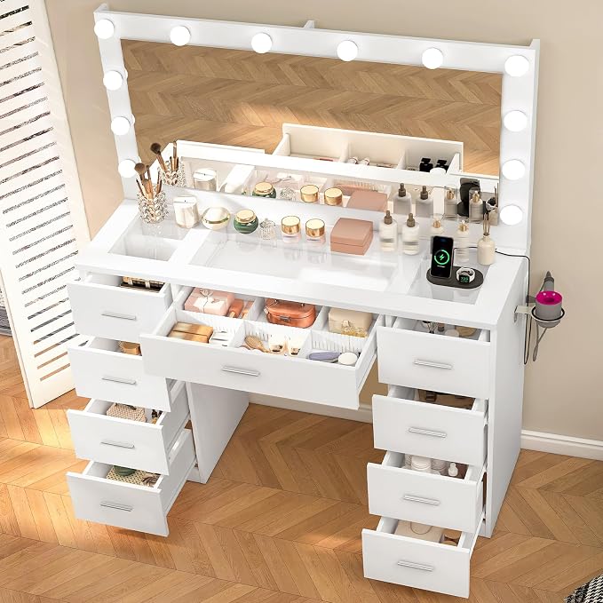 Quimoo Vanity Desk with Glass Top & Large Lights Mirror, 3 Adjustable Lighting - Image 3
