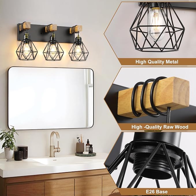3-Light Farmhouse Bathroom Vanity Light Fixtures, Wood Bathroom Light Fixtures - Image 4