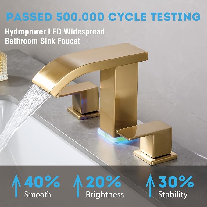 Brushed Gold Waterfall Bathroom faucets, 8 inch Widespread Modern Sink Faucet - Image 3