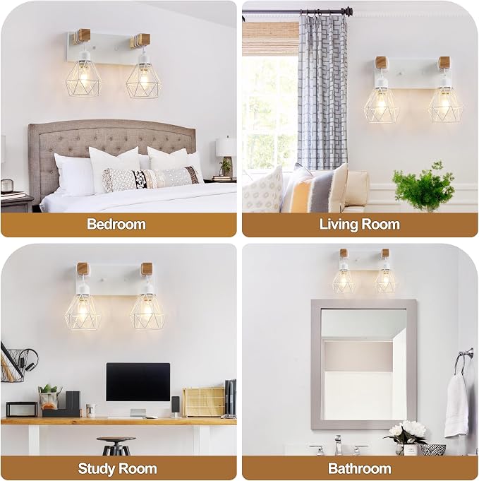 White Bathroom Vanity Light Fixtures, 2-Light Wood Bathroom Light Fixtures Over - Image 6