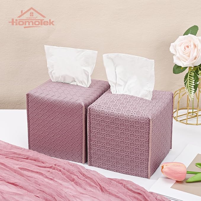HOMOTEK 2 Pack Tissue Box Cover, Square PU Leather Tissue Holder, Decorative - Image 6