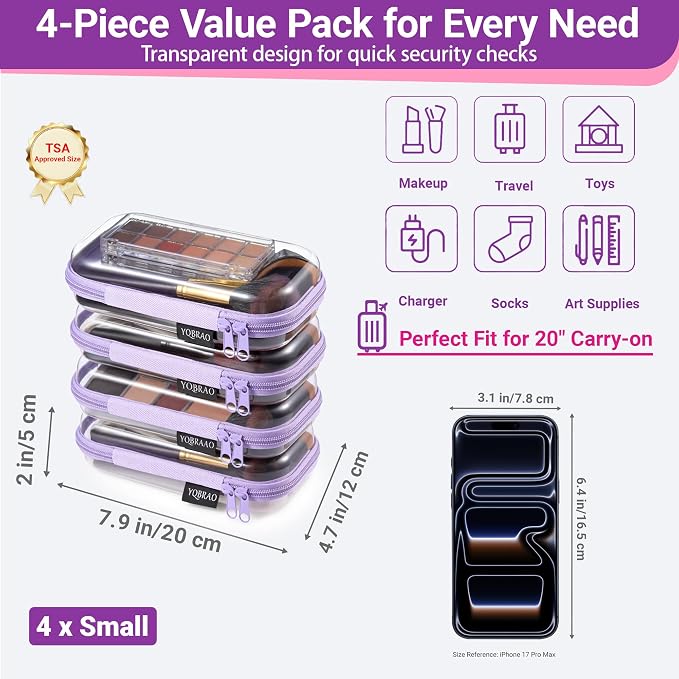 YQBRA 4 Pack Clear Hard Shell Zipper Case, See-Through Hard Plastic Organizer - Image 4
