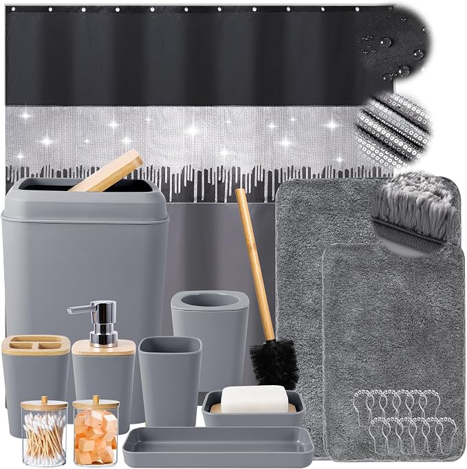 Bathroom Accessories Set with Glitter Shower Curtain and Bath Mats, 24 Piece by BetterbathroomwithXLHOME