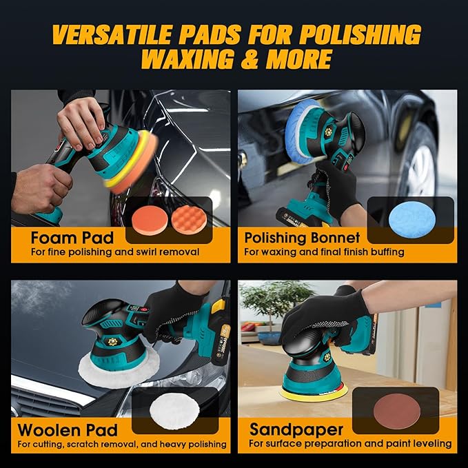 Cordless Car Buffer Polisher kit 6-Speed Orbital Design, LED Display, - Image 6