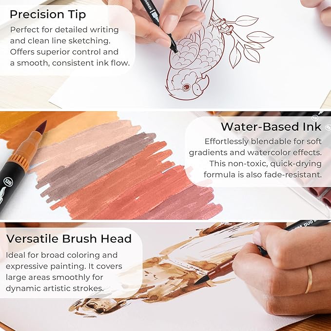 Brown Duo Tip Marker Pens, 12 Pack Fine & Brush Markers - Image 3