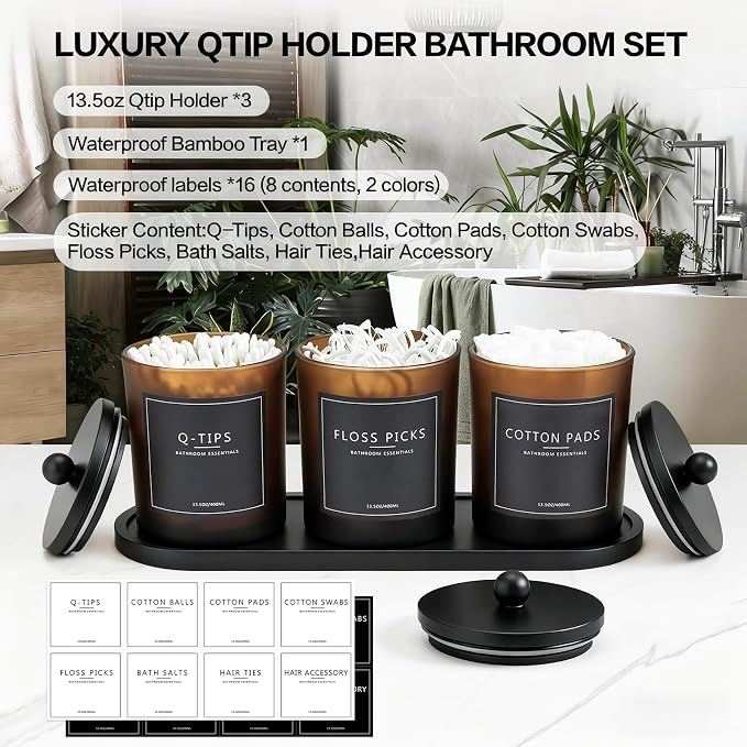 3 Pack Qtip Holder Bathroom Set, Cotton Ball Swab Pad Holder Cotton Round Floss - Image 2