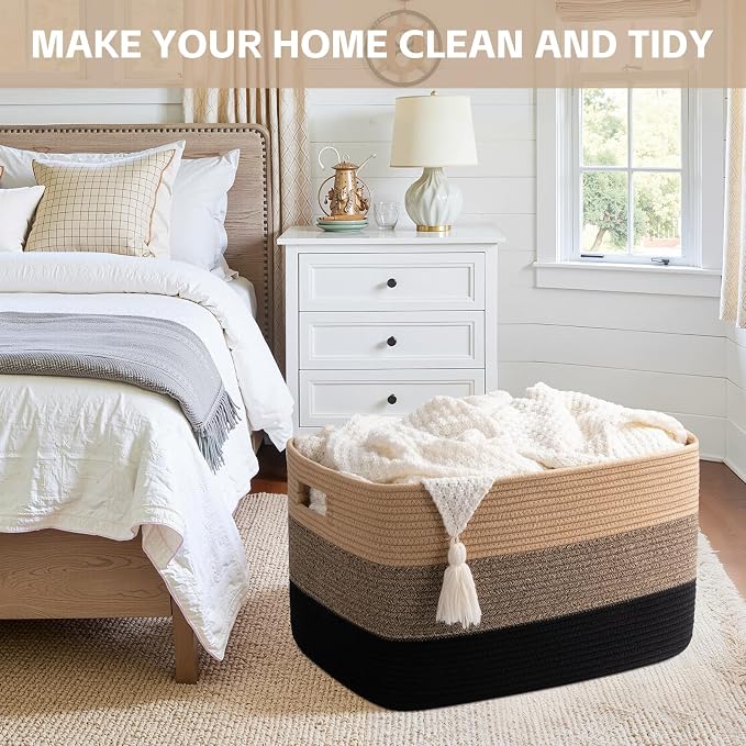 OIAHOMY Large Blanket Basket, 22”x17”x12” Rectangle Woven Baskets, Nursery - Image 4