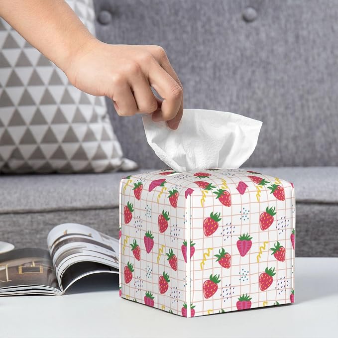 Cute Pink Strawberries Tissue Box Cover Square, Cartoon Strawberry Fruits - Image 6