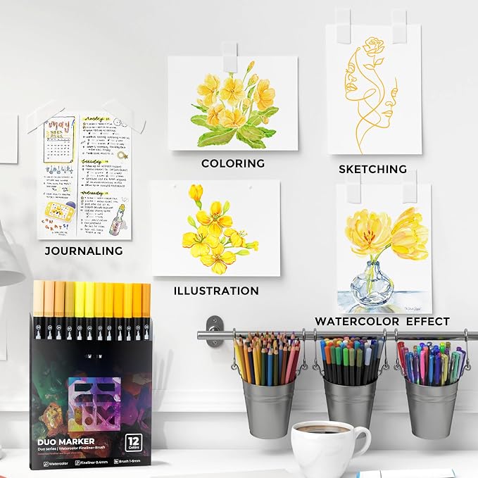 Yellow Duo Tip Marker Pens, 12 Pack Fine & Brush Markers - Image 6
