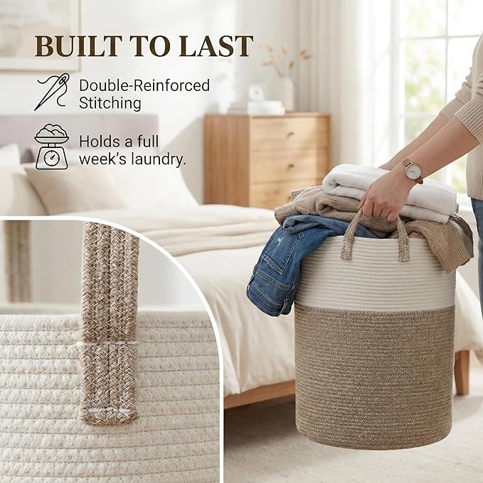 Large Woven Laundry Basket Hamper, 60L Cotton Rope Storage Bin - Image 6