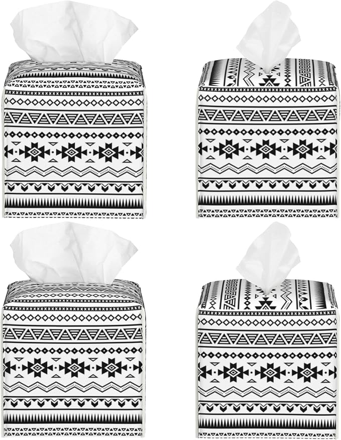 Boho Black White Geometric Tissue Box Cover Square, Abstract Tribal Symbol - Image 2
