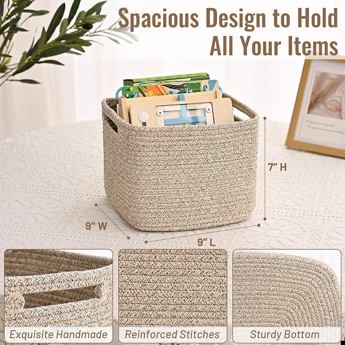 3 Pack Cube Storage Bin, 9”x9”x7” Cotton Rope Woven Baskets - Image 4