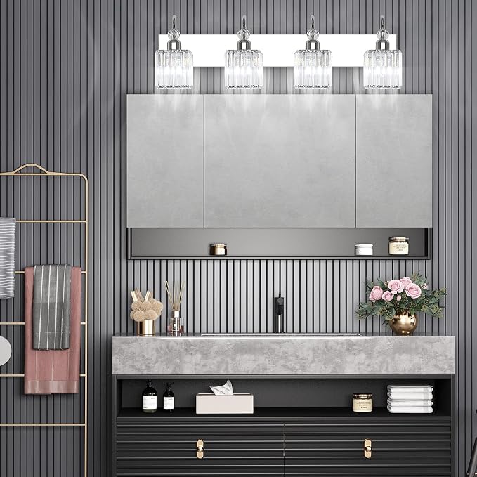 Ralbay Chrome Crystal Vanity Light 4-Lights 31.5'' Modern Bathroom Wall - Image 3