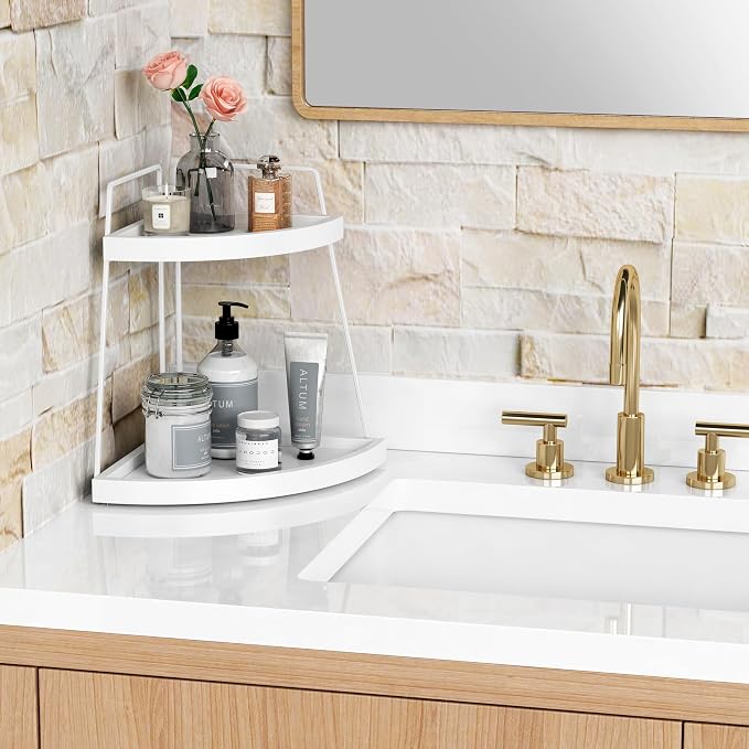 Forbena White 2 Tier Corner Bathroom Counter Organizer, Bathroom Countertop - Image 3
