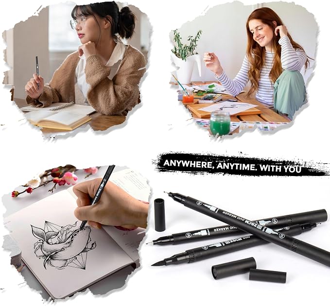 Black Duo Tip Marker Pens, 12 Pack Fine & Brush Markers - Image 7