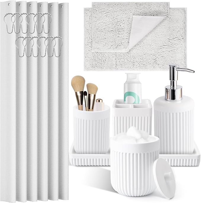 White Bathroom Sets with Shower Curtain and Rugs, 8-Piece Resin Bathroom by BetterbathroomwithXLHOME