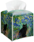 Black Cat & Blue Flowers Design Tissue Box Cover by Unknown
