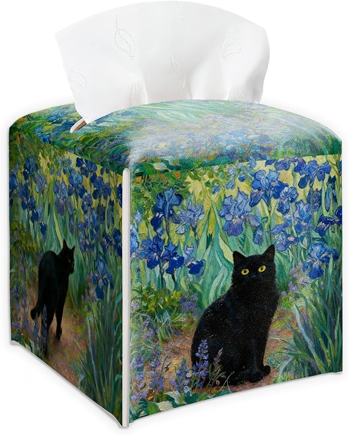 Black Cat & Blue Flowers Design Tissue Box Cover by Unknown