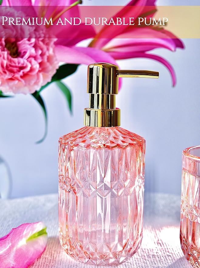 5pcs Clear Glass Bathroom Accessories Set, Crystal Pink Bathroom Decor Set - Image 2