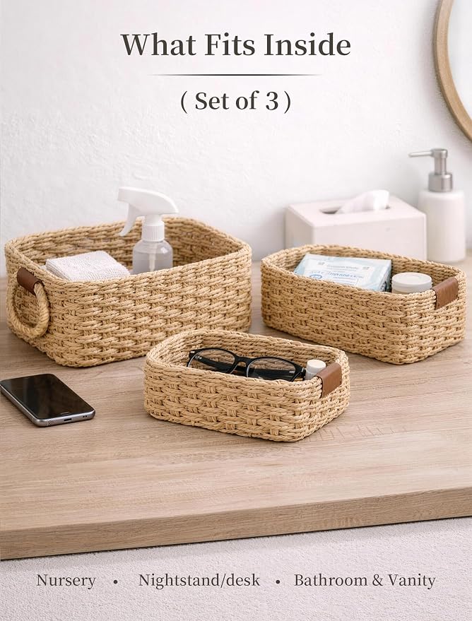 Storage Basket, Recycled Paper Rope Basket Organizer, Mini wicker Basket - Image 3